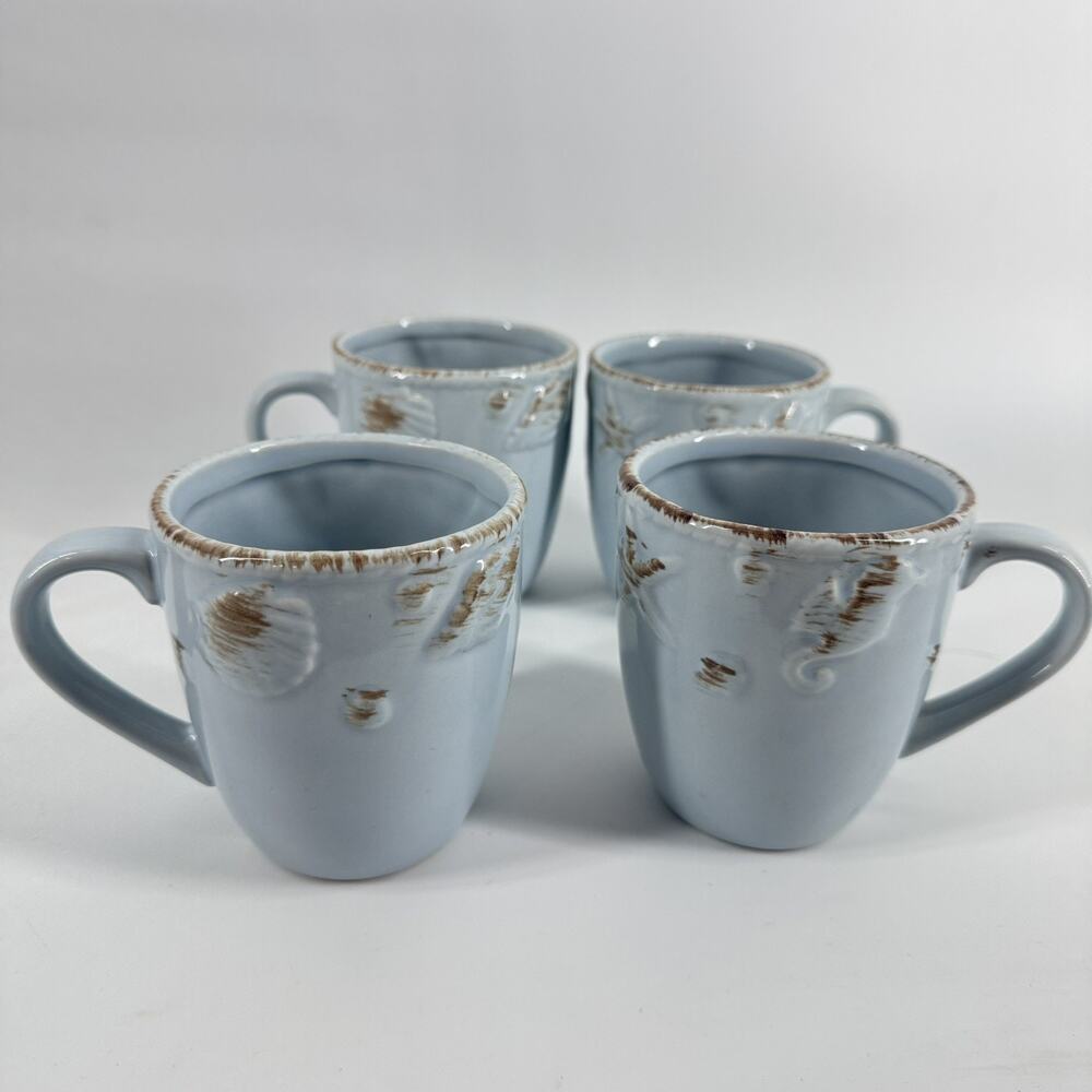 Set Of 4 Nantucket Home Pottery Blue Seashell Beach Seahorse Coffee Mugs Beach